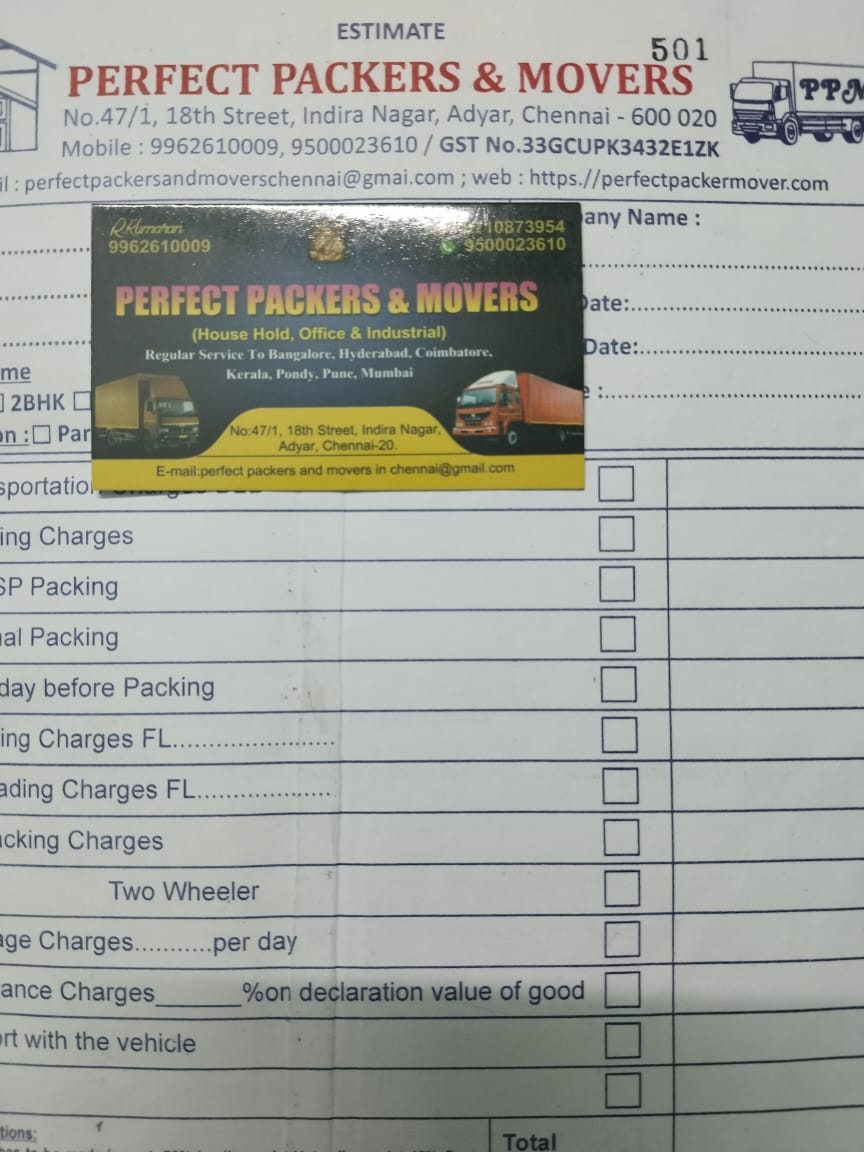 Perfect Packers and Movers Chennai Bill Book and Visiting Card